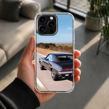 American muscle car in motion under clear blue skies phone case — Lifestyle