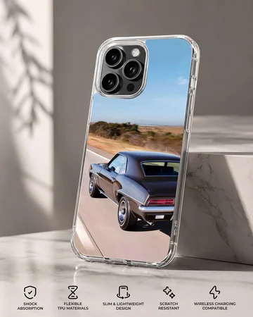 American muscle car in motion under clear blue skies phone case — Specs