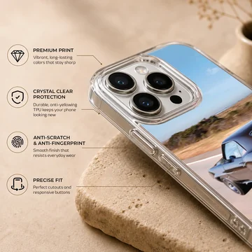 American muscle car in motion under clear blue skies phone case — Info
