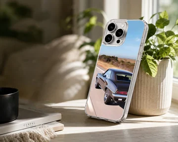 American muscle car in motion under clear blue skies phone case — Lifestyle