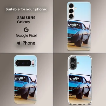 American muscle car speeding along a road, phone case design. — Collage