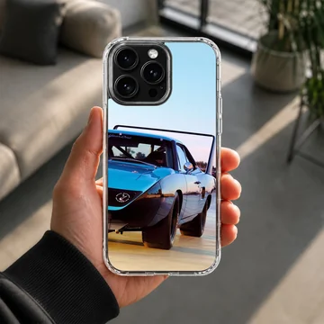 American muscle car speeding along a road, phone case design. — Lifestyle
