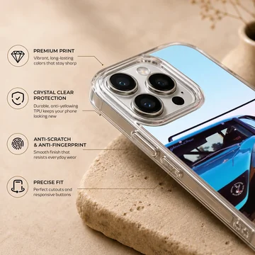 American muscle car speeding along a road, phone case design. — Info