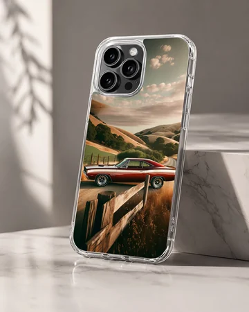 American muscle car driving through scenic road, phone case — Hero