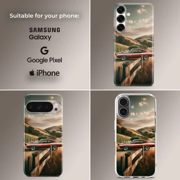 American muscle car driving through scenic road, phone case — Collage