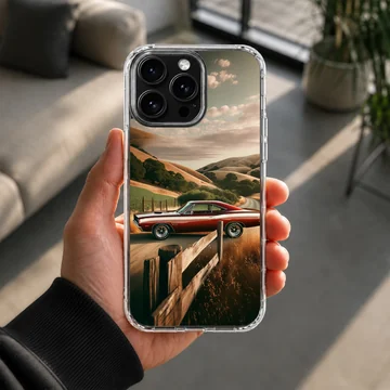 American muscle car driving through scenic road, phone case — Lifestyle