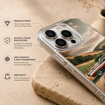 American muscle car driving through scenic road, phone case — Info