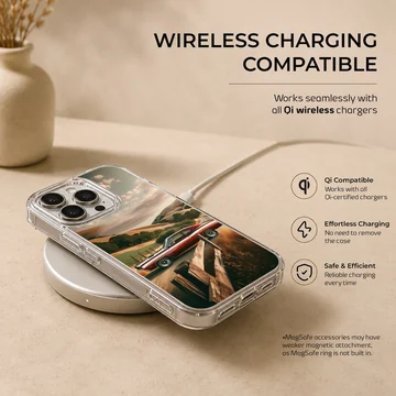 American muscle car driving through scenic road, phone case — Charging
