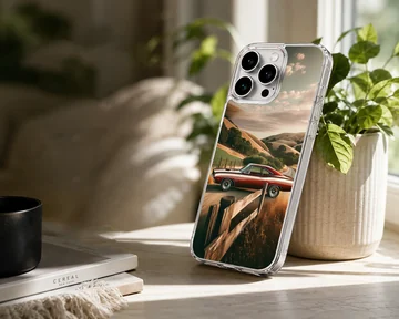 American muscle car driving through scenic road, phone case — Lifestyle