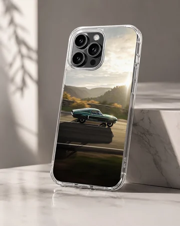 American muscle car speeding on a highway printed on a phone case — Hero