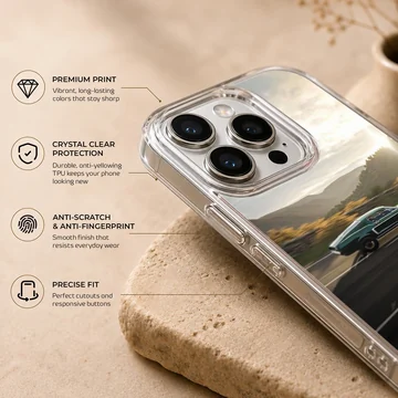 American muscle car speeding on a highway printed on a phone case — Info