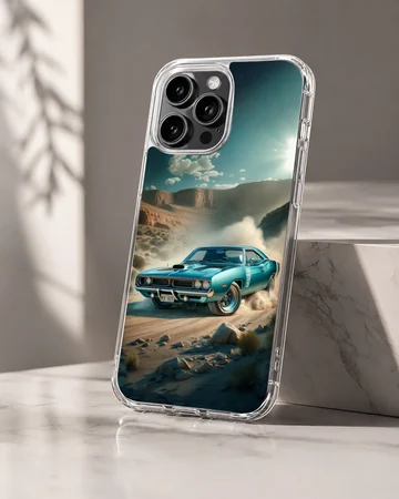 Dynamic illustration of an American muscle car racing on a phone case — Hero