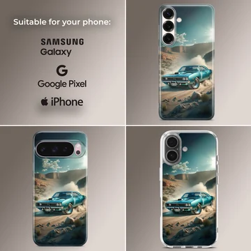 Dynamic illustration of an American muscle car racing on a phone case — Collage