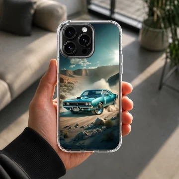Dynamic illustration of an American muscle car racing on a phone case — Lifestyle