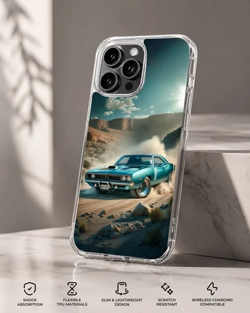 Dynamic illustration of an American muscle car racing on a phone case — Specs