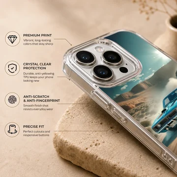 Dynamic illustration of an American muscle car racing on a phone case — Info
