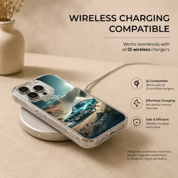 Dynamic illustration of an American muscle car racing on a phone case — Charging