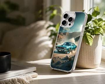 Dynamic illustration of an American muscle car racing on a phone case — Lifestyle