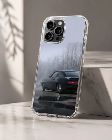 American muscle car in misty landscape on phone case — Hero