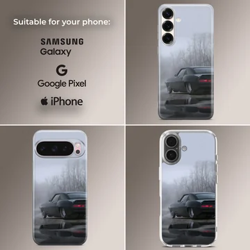 American muscle car in misty landscape on phone case — Collage
