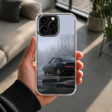 American muscle car in misty landscape on phone case — Lifestyle