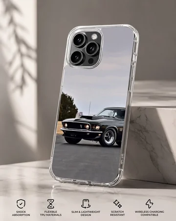 Dynamic photographic design of American muscle car on phone case — Specs