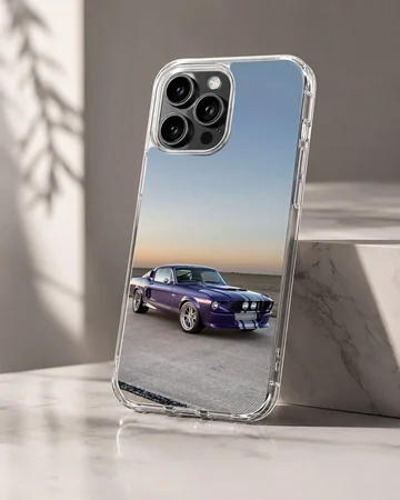 Photographic artwork of an American muscle car at sunset on a phone case. — Hero