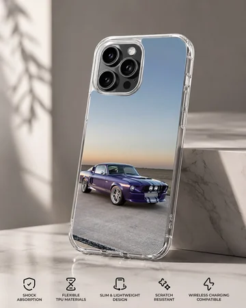 Photographic artwork of an American muscle car at sunset on a phone case. — Specs