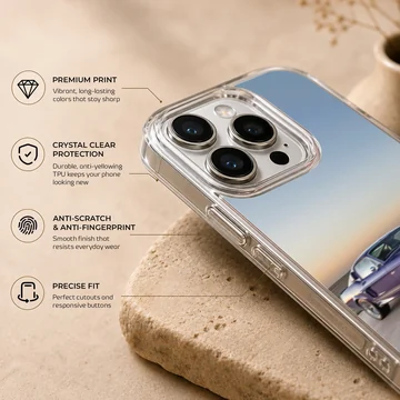 Photographic artwork of an American muscle car at sunset on a phone case. — Info