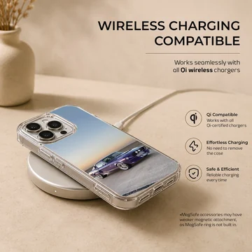 Photographic artwork of an American muscle car at sunset on a phone case. — Charging