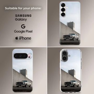 American muscle car parked against a concrete wall, phone case — Collage
