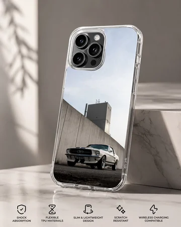 American muscle car parked against a concrete wall, phone case — Specs