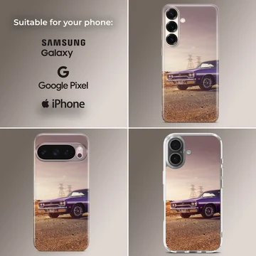 American muscle car artwork on phone case, featuring a vintage car against a sunset backdrop. — Collage