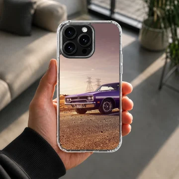 American muscle car artwork on phone case, featuring a vintage car against a sunset backdrop. — Lifestyle
