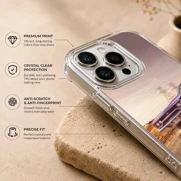 American muscle car artwork on phone case, featuring a vintage car against a sunset backdrop. — Info