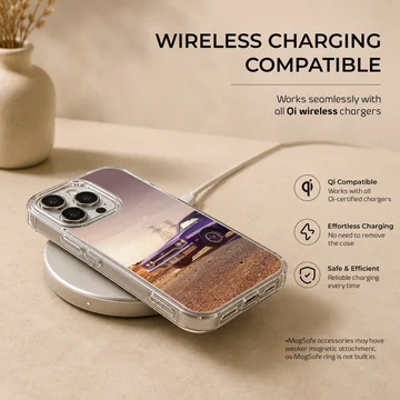 American muscle car artwork on phone case, featuring a vintage car against a sunset backdrop. — Charging