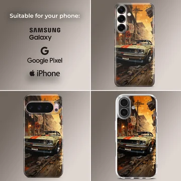 Dynamic American muscle car design on a phone case — Collage