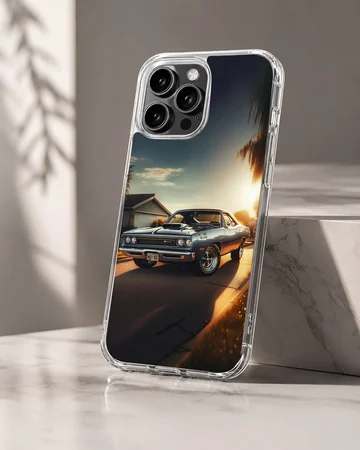 American muscle car speeding on a sunset road printed on phone case — Hero