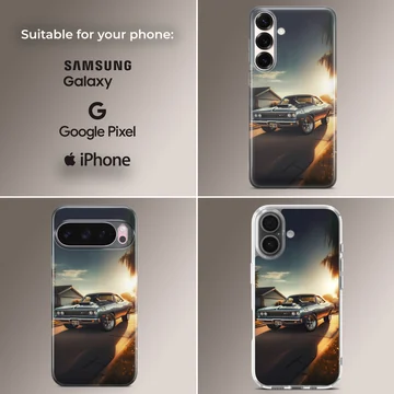 American muscle car speeding on a sunset road printed on phone case — Collage