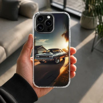 American muscle car speeding on a sunset road printed on phone case — Lifestyle