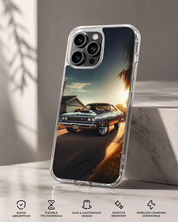 American muscle car speeding on a sunset road printed on phone case — Specs
