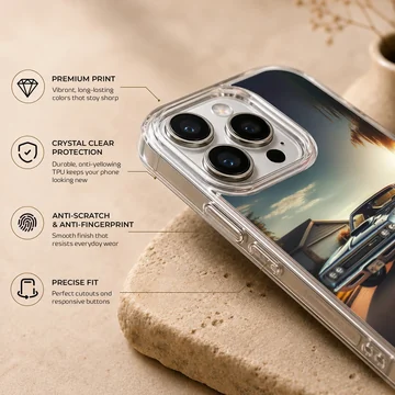 American muscle car speeding on a sunset road printed on phone case — Info