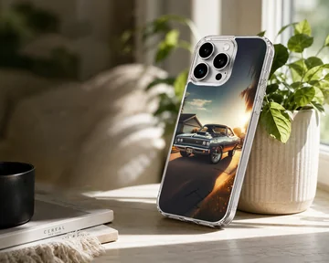 American muscle car speeding on a sunset road printed on phone case — Lifestyle