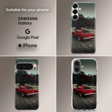 Phone case featuring classic red American muscle car design — Collage
