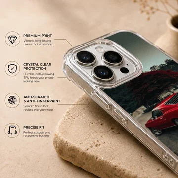 Phone case featuring classic red American muscle car design — Info