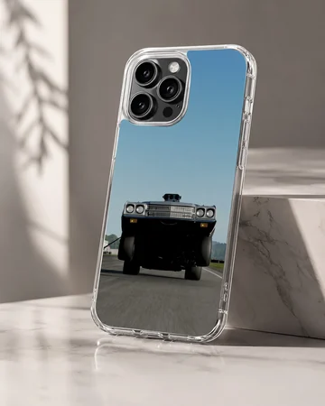 American muscle car racing down a highway on phone case — Hero