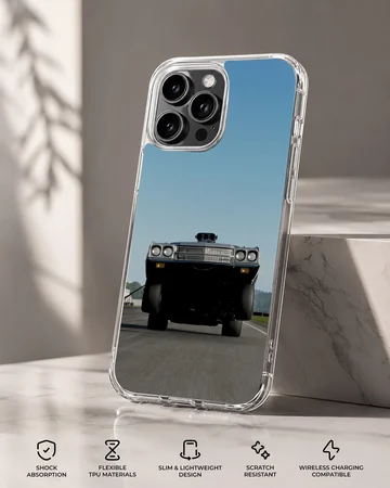 American muscle car racing down a highway on phone case — Specs