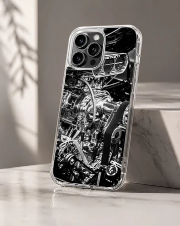 Detailed engine design of an American muscle car on phone case — Hero