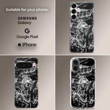 Detailed engine design of an American muscle car on phone case — Collage