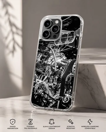 Detailed engine design of an American muscle car on phone case — Specs